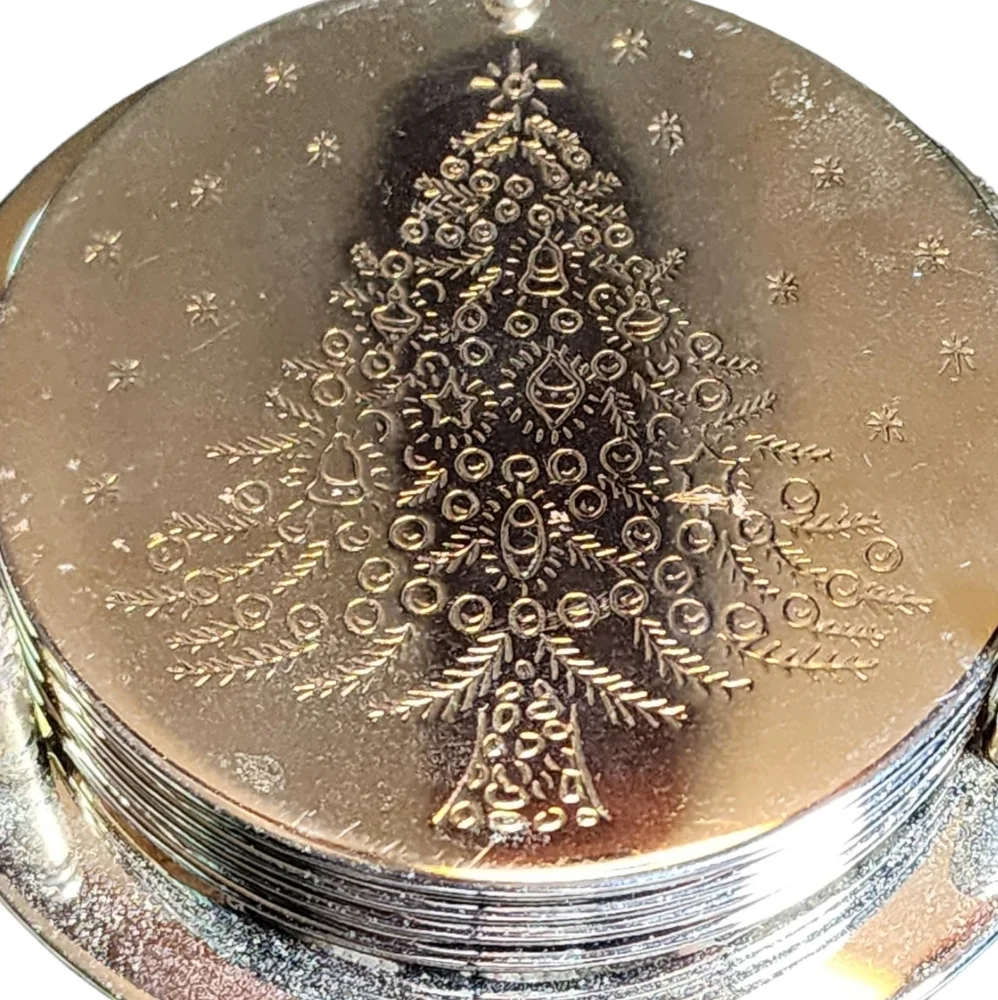 Vintage Silver Plated Holiday Christmas Tree 4 Coaster with Holder‎ Coaster Set